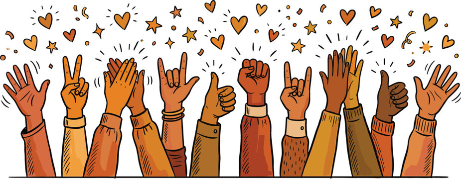 Diverse crowd of cheering hands showing applause thumbs up and rock gestures with floating hearts stars doodle vector illustration isolated on white background for concert celebration