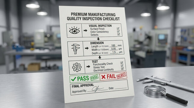 Manufacturing quality inspection checklist pass fail factory caliper approval dimension Manufacturing quality inspection checklist metal table blurred factory, with pass fail marks, caliper, part
