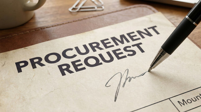 Procurement request document signature pen form paper purchase order approval Procurement request document with signature and pen paper form, purchase order approval concept office desk closeup