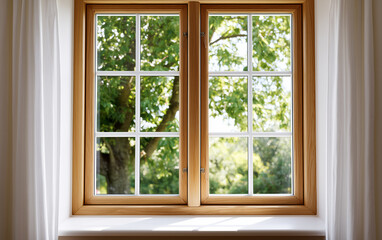 Fototapeta premium Wooden sash window with multiple panes, sunlight streaming through, white curtain, green trees outside, peaceful home interior