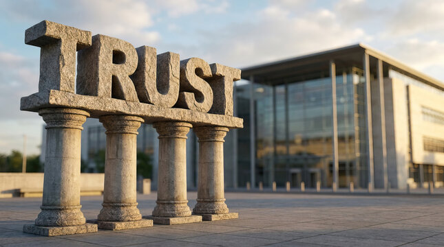 Stone letter trust column architecture building plaza outdoor low angle granite modern, stone letter TRUST standing classical column open plaza before modern glass building cloudy sky with