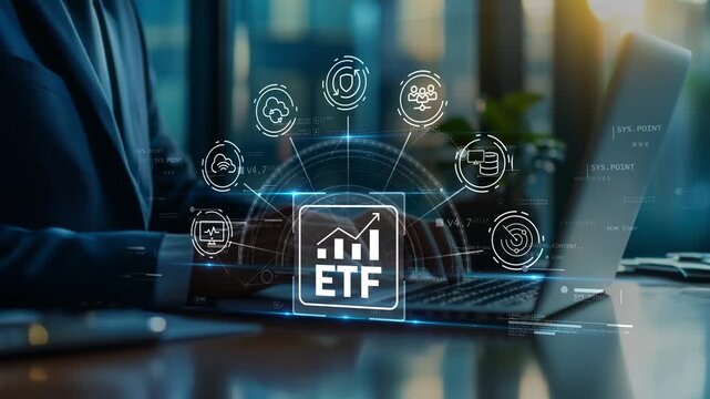 Business professional using laptop with animated ETF investment icon, cloud computing, cybersecurity and financial technology symbols for portfolio management, passive investing and wealth building