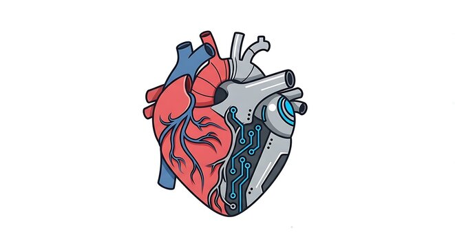 Cartoon heart split into organic red veins and mechanical silver circuits, illustrating the fusion of biology and AI technology.