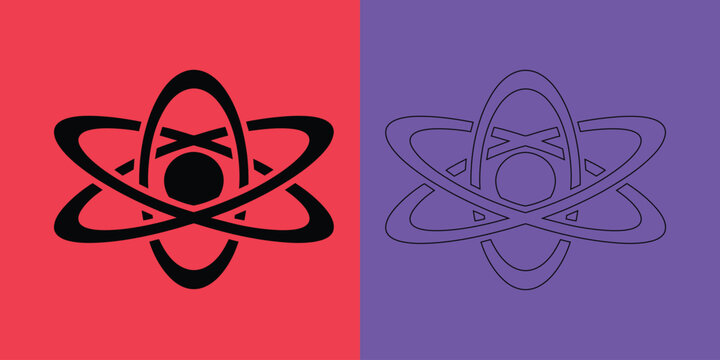 Atomic orbit science symbol in solid black and outline versions on red and purple split background