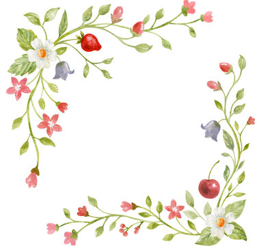Watercolor, hand painted, floral corner frame with strawberries, cherries, wildflowers and botanical leaves. Rustic border design for invitations, cards, stationery and kitchen decor.