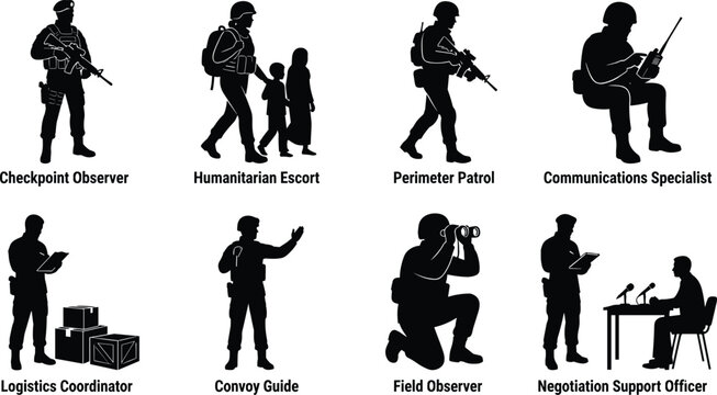 Military peacekeeping and humanitarian mission silhouettes collection featuring security patrols, escort duties, and logistical support vectors