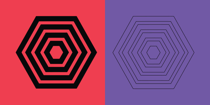 Concentric hexagon shapes arranged in a nested pattern on red and purple backgrounds
