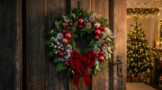 Beautiful christmas wreath with red bow hanging on a dark wooden door with a glowing tree inside