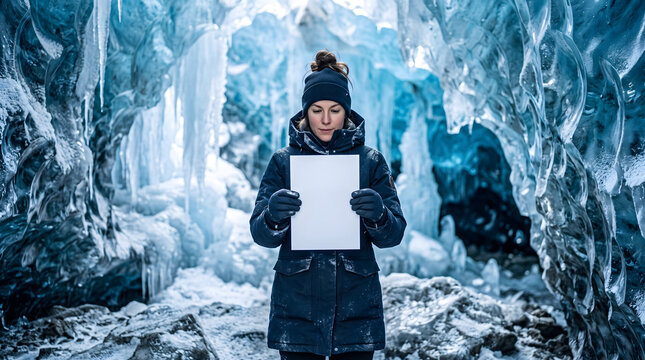 Woman holding blank white sign in a blue glacier ice cave