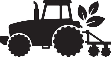 Black silhouette of a farm tractor with attached cultivator and three leaves, flat for agriculture and farming © BeCoolOk