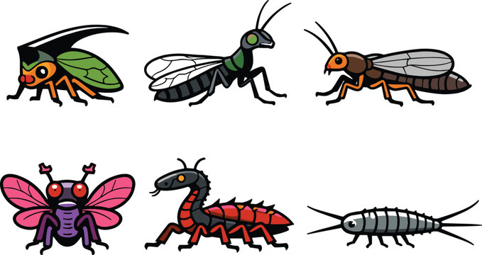  Minimalist primitive insect line art vector set with modern abstract geometric boho color blocks for wall prints
