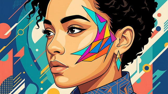 Vibrant pop art illustration of a young Black woman with colorful geometric face paint and abstract patterns