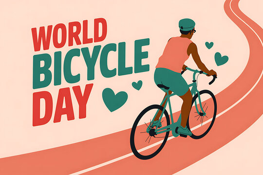 World bicycle day illustration of cyclist riding on road with hearts transport lifestyle template