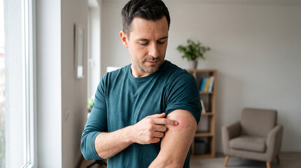 Fototapeta premium Man scratching an itchy upper arm at home, showing skin irritation, allergy, eczema, dermatitis, dry sensitive skin and dermatological treatment concept.