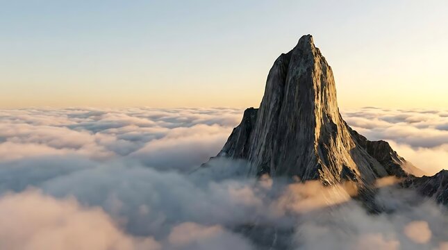 Stunning aerial view of a majestic pinnacle tripper mountain peak rising above a soft blanket of clouds during a golden sunset in a remote wilderness landscape