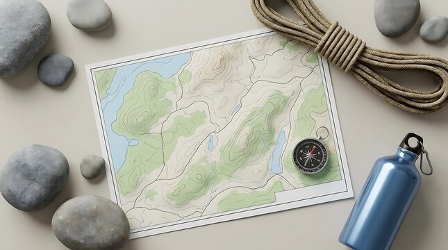 A top-down view of hiking gear including a topographical map, compass, rope, and water bottle for the ultimate pinnacle tripper adventure planning session.