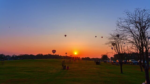 Time lapse a lot of Colorful hot air balloons rise gracefully into the sky during a spectacular sunrise festival at Singha Park in Chiang Rai, Thailand, creating an unforgettable morning landscape.