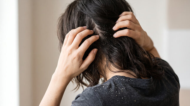Back view of woman scratching an itchy scalp with dandruff flakes on dark shirt, showing dry scalp, irritation, seborrheic dermatitis and hair care treatment.