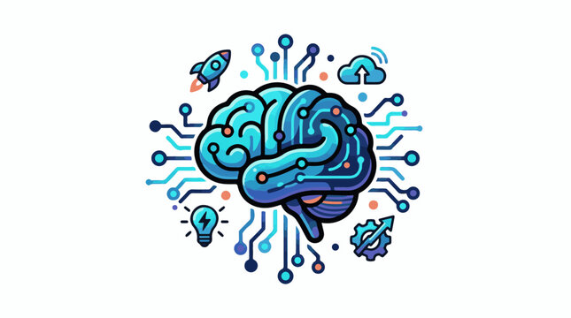 Futuristic digital brain with circuits rocket cloud lightbulb gear