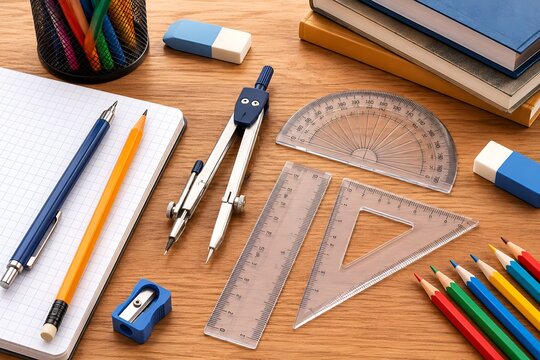 School Geometry Tools and Stationery on Wooden Desk for Math Education and Learning
