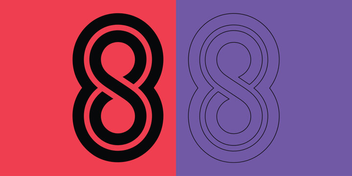 Infinity loop number eight symbol in solid black and outline style on red and purple background