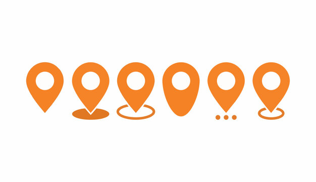Set of six orange map pin icons in different styles, great for navigation, travel, and location apps.