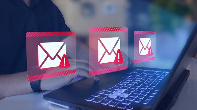 Phishing or malware emails. Warning alert is displayed. Security software detecting malicious emails. 