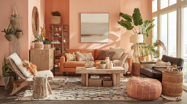 Boho-chic living room interior with peach fuzz colour palette, stylish contemporary furniture, warm natural textures, elegant eclectic home d&eacute;cor, cosy inviting residential space and modern lifestyle 