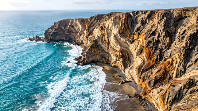 Dramatic coastal cliffs with layered rock formations by the ocean