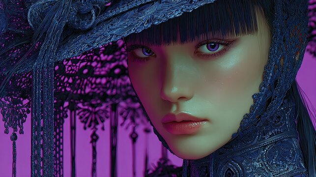 Elegant Woman in Ornate Lace Hat with Futuristic Fashion