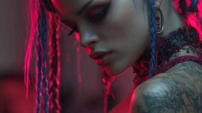 Cyberpunk Woman with Braided Hair and Neon Alternative Style