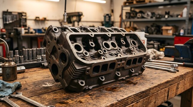 Cast iron engine cylinder head sitting on a wooden workbench in a shop