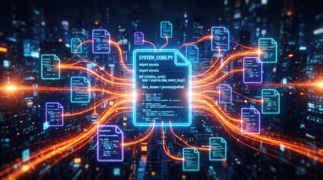 System core python file with connected code snippets and neon lit data streams