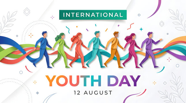 Diverse group of young people running together celebrating international youth day august