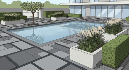 Fototapeta premium Modern Landscape Design: Pool, Paving, Greenery, and Building Facade
