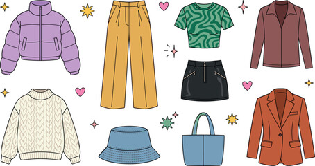  apparel and modern clothing vector set with winter puffer jacket sweater pants skirt blazer bucket hat and tote bag illustration © RAJU