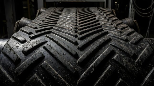 Close-up of heavy duty rubber conveyor belt with chevron tread pattern