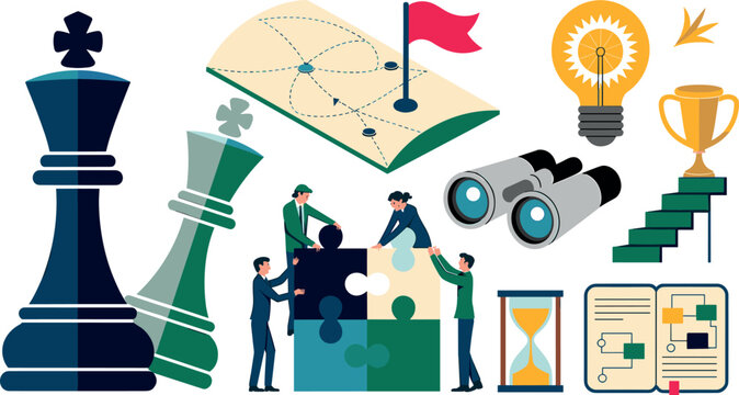 Business strategy concept elements set with chess pieces roadmap puzzle solution binoculars teamwork and leadership icons flat vector illustration