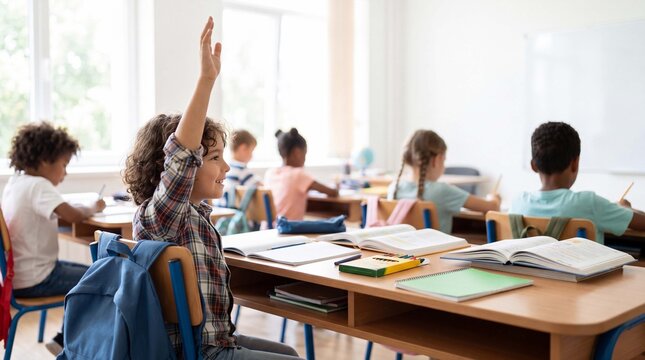 Back to School: a happy elementary student raises a hand at a classroom desk with books and crayons, ready to participate in learning