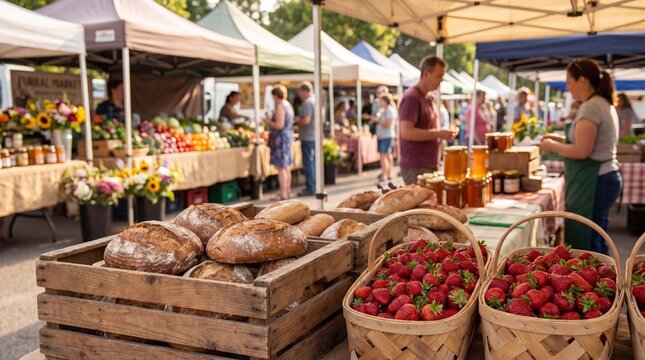 Farmers market week display features artisan bread loaves and ripe strawberries in a sunny rural harvest scene, promoting sustainable healthy local food lifestyle