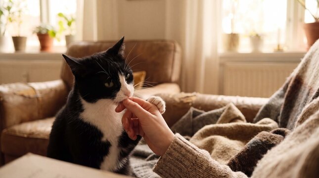 A charming tuxedo cat gently paws at an owner's fingers during playtime, illustrating affectionate International Cat Day bonding for pet care brands