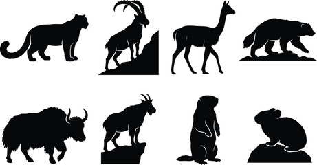 Fototapeta premium Wild Animal Silhouette Vector Set with Mammals Isolated on White Background