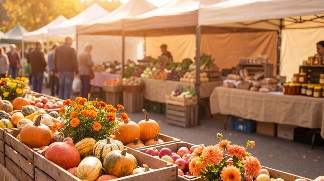 Farmers market week display features autumn pumpkins apples gourds and flowers in a sunny rural harvest scene, promoting sustainable healthy local food lifestyle