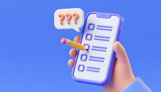 3D illustration of a hand holding a smartphone with a checklist and question marks