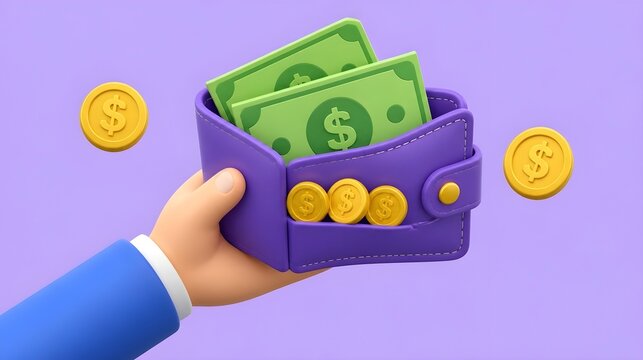 Cartoon hand holding a purple wallet filled with cash and coins