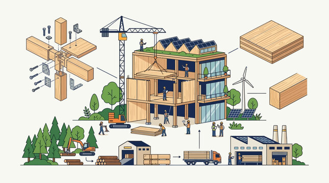 Sustainable Mass Timber Building Construction Process Infographic with CLT and Green Energy