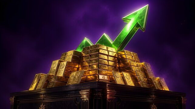 Massive stack of gold bars with a green upward arrow symbolizing financial growth