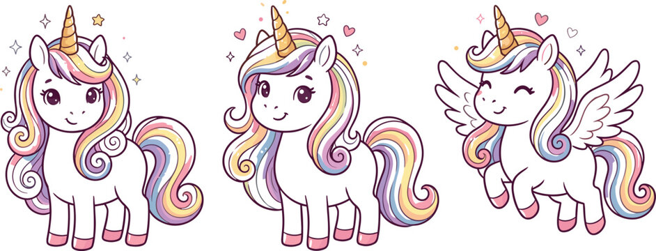 Cute magical unicorn vector illustration set with three little pegasus characters standing and flying isolated on white background for kids.