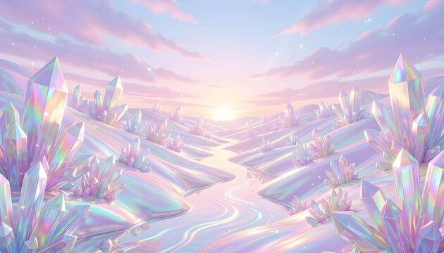 Surreal pastel landscape with iridescent crystals and flowing water at sunrise