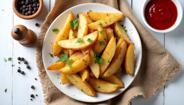 Golden brown potato wedges seasoned with herbs and served with ketchup